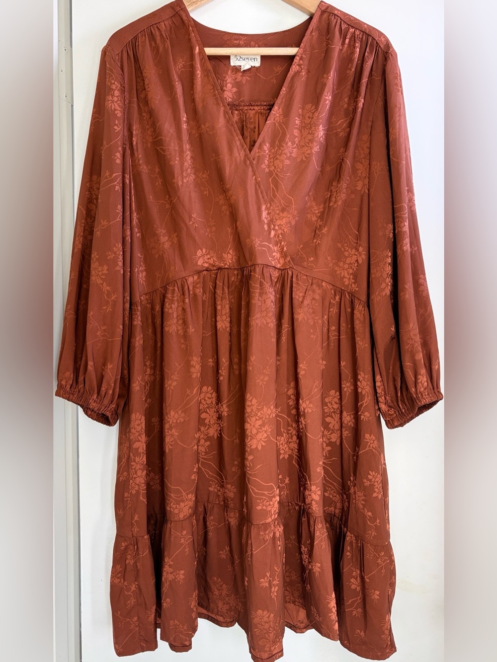 52Seven Rust Floral Jacquard Wrap Dress Size 16 Boho Tiered Midi Fall